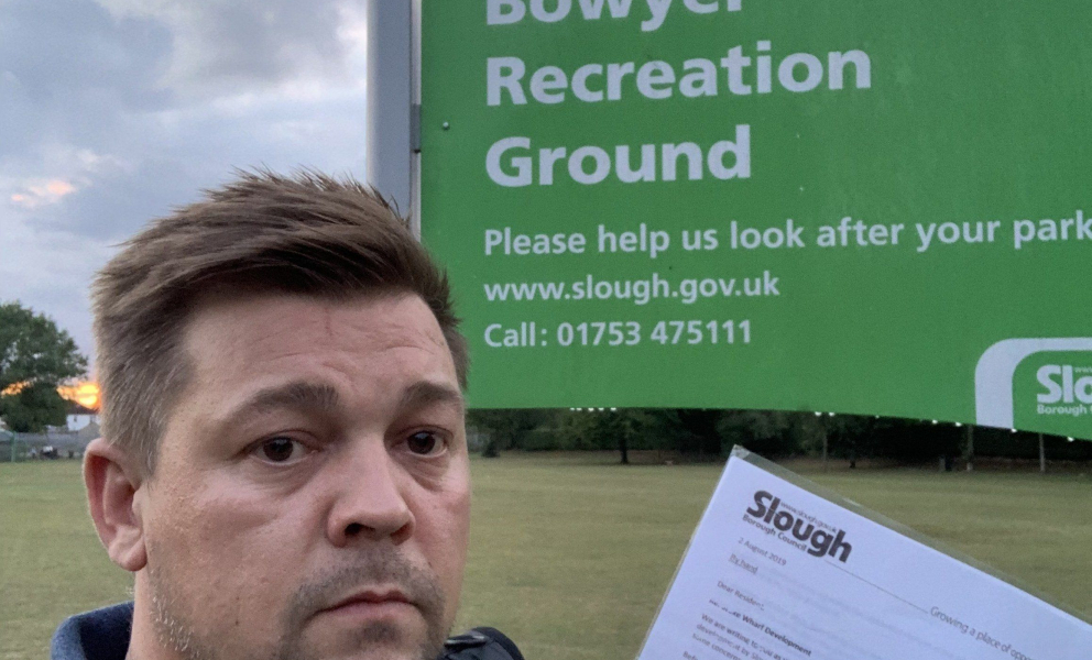 Lee Pettman with Letter at Bowyer Rec Slough