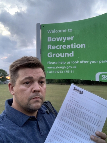 Lee Pettman with Letter at Bowyer Rec Slough